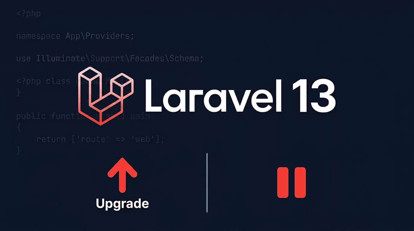 لوگوی لاراول 13 کنار ویرایشگر کد PHP و نمودار مراحل ارتقا