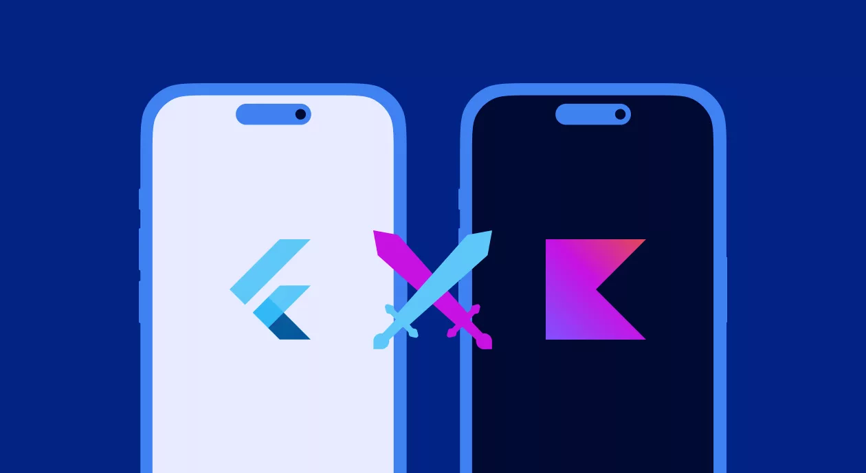لوگوی Flutter و Kotlin کنار دو گوشی اندروید و آیفون برای مقایسه فلاتر یا کاتلین