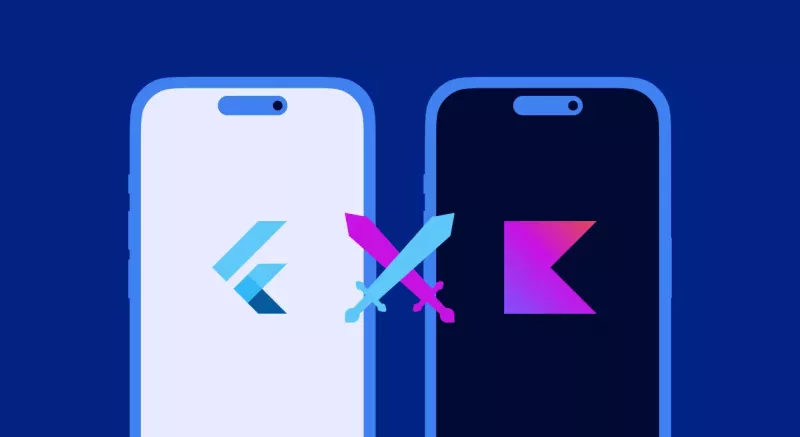 لوگوی Flutter و Kotlin کنار دو گوشی اندروید و آیفون برای مقایسه فلاتر یا کاتلین